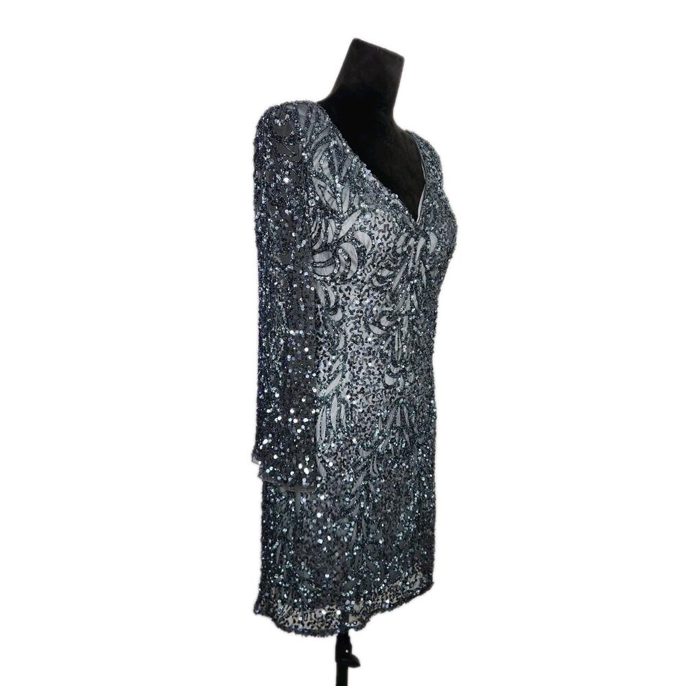 Scala women's Charcoal Sequin Metallic V-Neck Long Flared Sleeve size 14 Euc - Picture 4 of 13